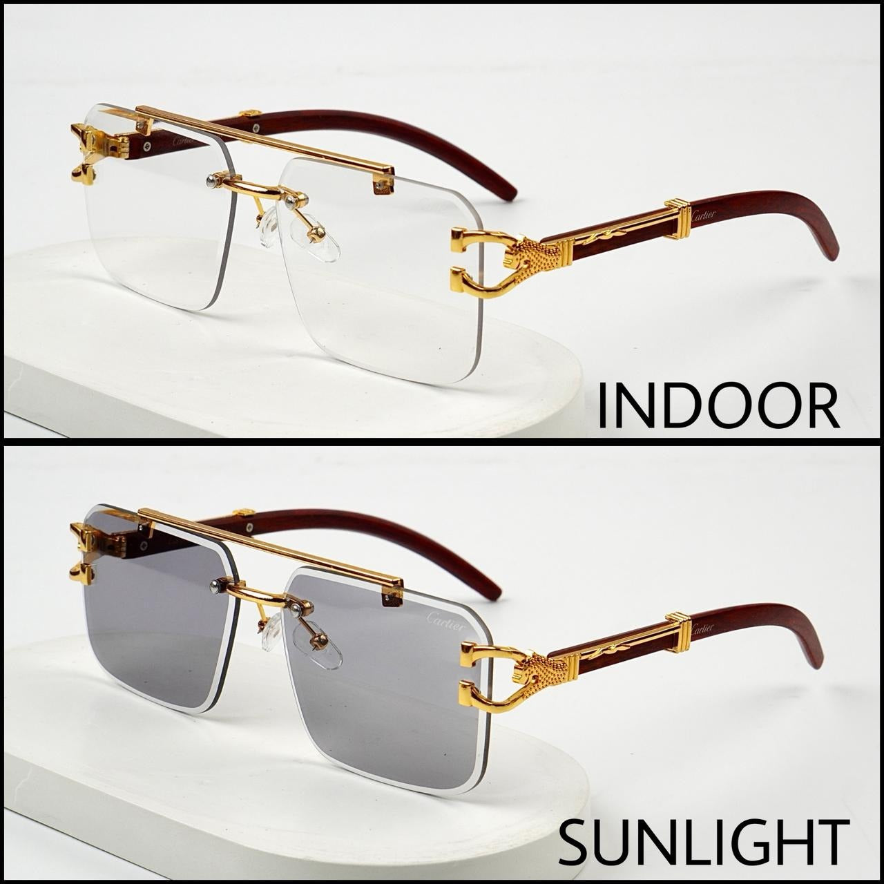 Panther Style Transition Sunglasses – UV400 Rimless Rectangle