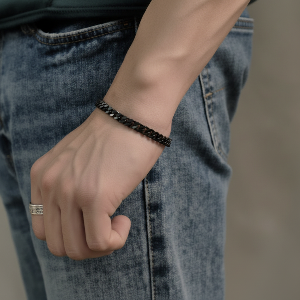 Shiny Black Chain Bracelet on Wrist